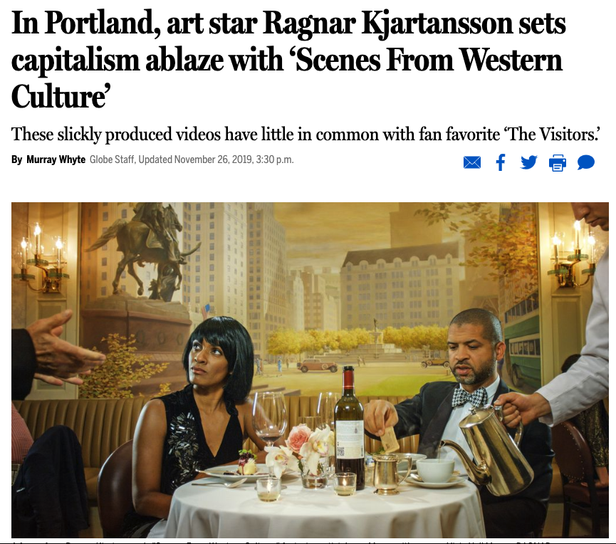 A frame from Ragnar Kjartansson's 'Scenes From Western Culture,' featuring artist Jason Moran with spouse Alicia Hall Moran. RAGNAR KJARTANSSON; COURTESY OF THE ARTIST, LUHRING AUGUSTINE, NEW YORK AND I8 GALLERY, REYKJAVIK